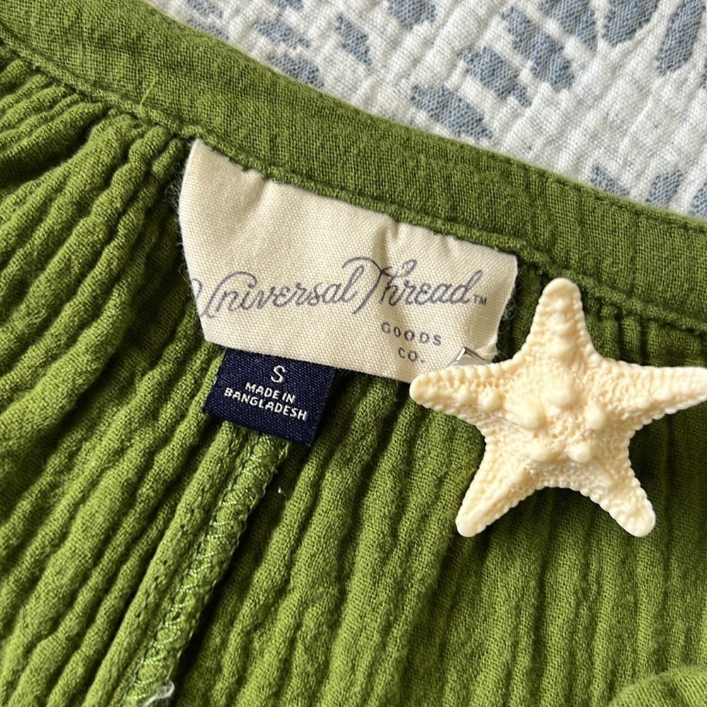 100% COTTON Gauzy Mini Dress with POCKETS in Olive Green | S - Picture 3 of 6